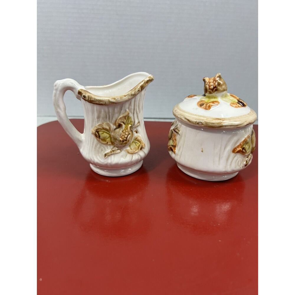 NEVCO MCM CREAMER & SUGAR With Lid CERAMIC‎ Woodland Pattern Labeled Japan RARE